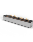 Long rectangular fire pit with flames on a white background from Planika available at Spacio retail stores in Mumbai & Kolkata