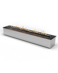 Long rectangular fire pit with flames on a white background from Planika available at Spacio retail stores in Mumbai & Kolkata