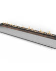 Long rectangular bioethanol insert fireplace with flames on a white background available Spacio retail stores in Mumbai & Kolkata.