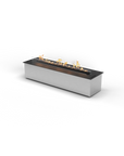 Rectangular fire pit with flames on a white background from Planika available at Spacio retail stores in Mumbai & Kolkata.