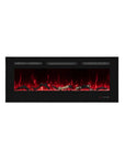 Black electric fireplace with glowing red and orange flames on a black background