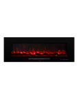 Rectangular electric fireplace with glowing red interior on a white background