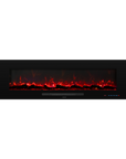 Black electric fireplace with glowing red and orange flames on a white background