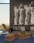 Hand-drawn sketches of Moai statues from Easter Island on an Italian fresco mural, crafted with Carrara marble and Roman travertine for an authentic ancient texture. Featured on the wall of a modern living room