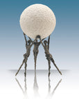 Statue of three figures supporting a large sphere on a reflective surface with a gradient background