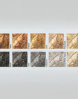 Color swatches of metallic finishes on a white background for Folio collection lights from Serip