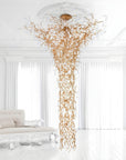 Luxurious chandelier hanging in a white room with a sofa.