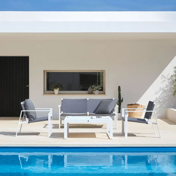 Sifas Pheniks collection of Sofa seating beside the pool area with chairs & coffee table available at Spacio India for luxury home Outdoor Furniture decor collection