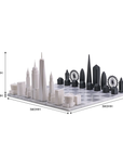 Size of A chess board set featuring the Skyline Chess Acrylic 2 City London New York Marble Board, with black and white chess pieces inspired by the iconic skylines of London and New York.