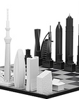 Skyline Chess Acrylic 2 City Tokyo Dubai Hatch Board - A luxury chess set featuring architectural landmarks from Tokyo and Dubai, available at Spacio India.