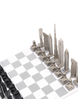 Luxury Skyline Chess Steel Dubai Marble Board with intricately detailed Dubai skyline chess pieces, made of stainless steel and bronze, designed for collectors, available at Spacio India.