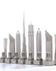 Skyline Chess Dubai Edition – A statement chessboard featuring iconic Dubai architecture in premium stainless steel and bronze on a marble board, now at Spacio India.