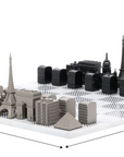 Size and specifications of Skyline Chess Steel Paris Marble Board featuring luxury stainless steel chess pieces inspired by Paris architecture, available at Spacio India.