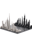 Skyline Chess Steel World Icons Hatch Board Set featuring stainless steel chess pieces inspired by global landmarks. Available at Spacio India.