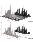 Skyline Chess Steel World Icons Hatch Board Set with marble and wooden board options, featuring hand-cast stainless steel chess pieces for a premium experience.