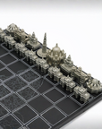 An Indian map cityscape board game set featuring detailed gray architectural towers, domes, and spires of Indian monuments arranged on a black grid board with white lines.