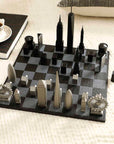 Luxury Skyline Chess Steel 2 City London New York Hatch Board, featuring iconic landmarks from both cities. Available at Spacio India.