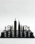 Close-up view of the Skyline Chess Steel 2 City London New York Hatch Board, showcasing intricate steel chess pieces inspired by famous city landmarks