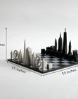 Detail measurements of the Luxury Skyline Chess Set, combining the essence of London and New York’s architectural heritage in an exquisite board game. Now available at Spacio India.