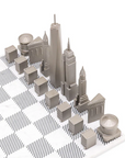Top view of New York Skyline Chess Steel 2 City New York San Francisco on Carrara Marble Board available at Spacio India