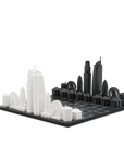 Skyline Chess Acrylic Los Angeles Map Board Set – A luxury chess set featuring iconic Los Angeles landmarks like the Capitol Records building, Santa Monica Pacific Wheel, City Hall, LA Bank Tower, and Wilshire Grand. Available at Spacio India.