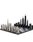 Skyline Chess Steel 2 City London vs New York Hatch Board - A luxury chess set featuring stainless steel hand-cast pieces of iconic London and New York landmarks. Available at Spacio India.