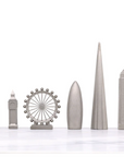 London skyline chess pieces in Skyline Chess Steel 2 City London New York Hatch Board, featuring Big Ben, London Eye, and The Shard, available at Spacio India.
