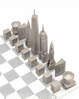 Top view of New York Skyline Chess Steel 2 City New York San Francisco on Carrara Marble Board available at Spacio India