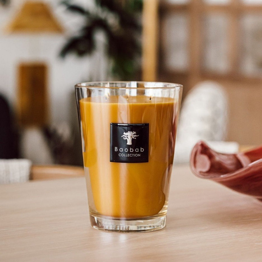 A Baobab Zanzibar Candle Max 16MAX16AZS, infused with the fragrance of Zanzibar Spices, is sitting on a wooden table.