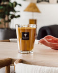 A Baobab Zanzaibar Candle Max 16MAX16AZS, infused with the exotic fragrance of Zanzibar Spices, sitting on a table in a cozy living room.