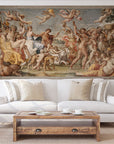 A living room adorned with a large painting of the gods and angels, intricately hand-made in the style of Italian art history. The walls are tailored to perfectly complement the Affreschi Classic Art AC 100301 by Affreschi, creating a harmonious atmosphere.