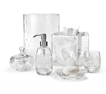 Curated Collection's LZ Collection Bath Set Celeste, luxury bath accessories in clear glass with a crackle finish.
