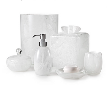 A white bathroom with hand-crafted Curated Collection Luxe Collection Bath Set Bianca.