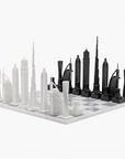 Skyline Chess Acrylic Dubai Marble Board. This unique game showcases the iconic buildings of Dubai.