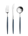 Cutipol Goa blue matt stainless steel finish, black resin handles, and minimalist design for a luxurious dining experience - fork knife and spoon