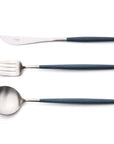 Cutipol Goa blue matt stainless steel finish, black resin handles, and minimalist design for a luxurious dining experience - table spoon, fork, knife
