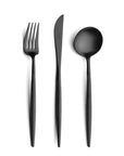 Cutipol Goa All Black Cutlery Set featuring round silhouettes, black resin handles, and stainless steel for a minimalist and elegant dining experience - fork knife and spoon