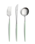 Cutipol Goa celadon matt stainless steel finish, black resin handles, and minimalist design for a luxurious dining experience - fork, knife and table spoon