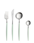 Cutipol Goa celadon matt stainless steel finish, black resin handles, and minimalist design for a luxurious dining experience - fork, table spoon, knife and tea spoon