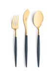 Cutipol Goa blue matt gold finish, black resin handles, and minimalist design for a luxurious dining experience - on a white background 3pcs server set