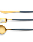 Cutipol Goa blue matt gold finish, black resin handles, and minimalist design for a luxurious dining experience - on a white background 3 pc table set of spoon, fork and knife