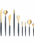 Cutipol Goa blue matt gold finish, black resin handles, and minimalist design for a luxurious dining experience - on a white background 9pc set