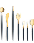 Cutipol Goa blue matt gold finish, black resin handles, and minimalist design for a luxurious dining experience - on a white background 9pc set