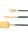 Cutipol Goa blue matt gold finish, black resin handles, and minimalist design for a luxurious dining experience - on a white background 3pcs desserts set