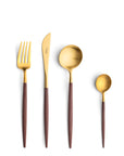 Cutipol Goa blue matt brown finish, black resin handles, and minimalist design for a luxurious dining experience - on a white background 4pc table set of fork, knife, spoon and tea spoon
