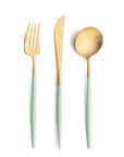 Cutipol Goa blue matt celadon finish, black resin handles, and minimalist design for a luxurious dining experience - on a white background 3pc table set of fork, knife and spoon