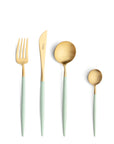 Cutipol Goa blue matt celadon finish, black resin handles, and minimalist design for a luxurious dining experience - on a white background 4pc set of table fork, knife, spoon and tea spoon
