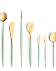 Cutipol Goa blue matt celadon finish, black resin handles, and minimalist design for a luxurious dining experience - on a white background 9pc set