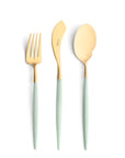 Cutipol Goa blue matt celadon finish, black resin handles, and minimalist design for a luxurious dining experience - on a white background 3pc servers set