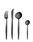 Cutipol Goa All Black Cutlery Set featuring round silhouettes, black resin handles, and stainless steel for a minimalist and elegant dining experience - 4 pcs set